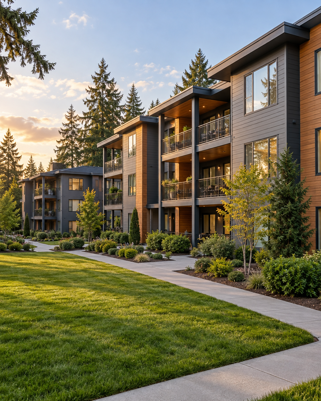 AI-generated illustration of a Pacific Northwest apartment community with maintained grounds