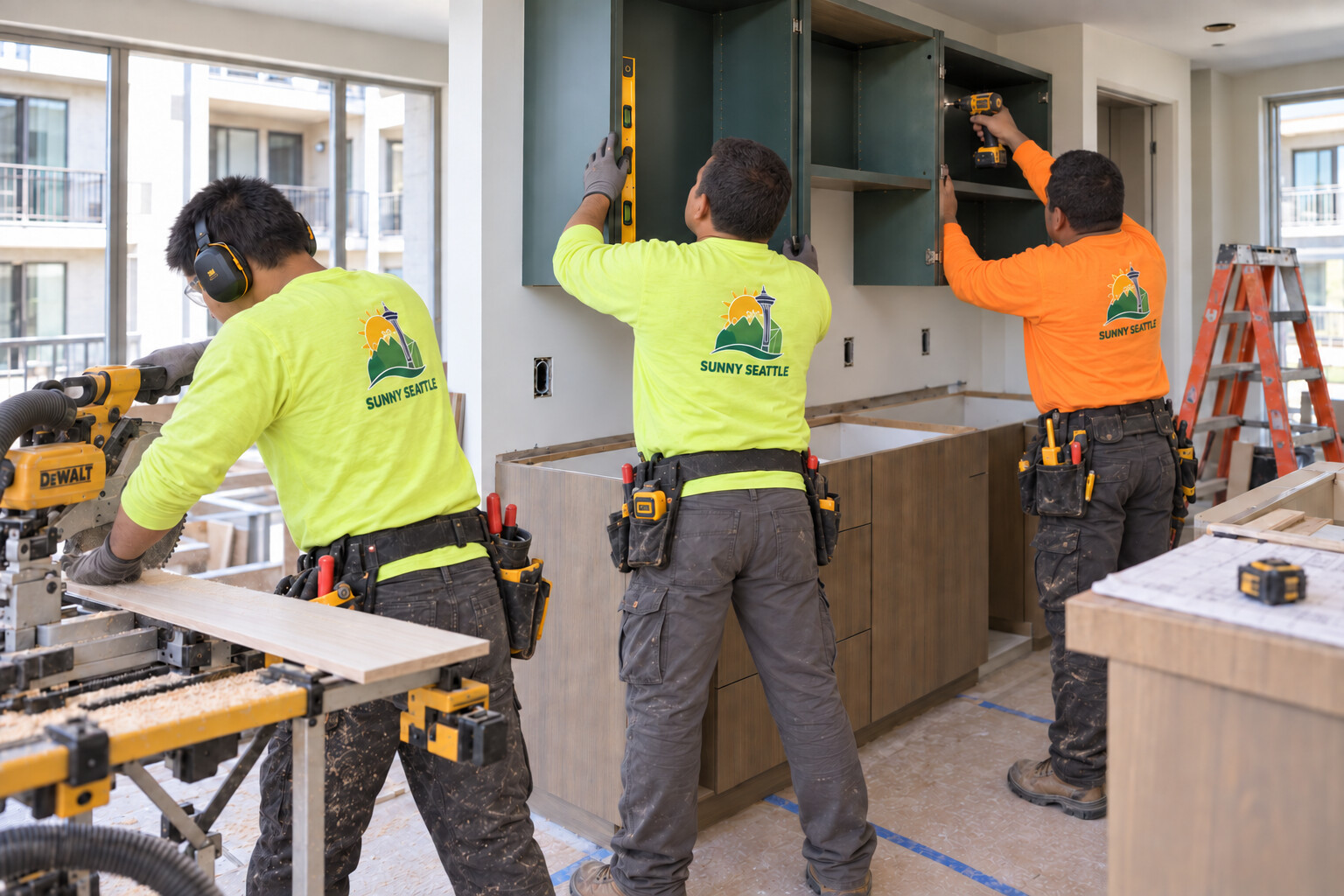 Three Sunny Seattle workers naturally installing cabinets during a multifamily apartment renovation